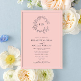 Invitación Moderno Boda de Monograma Azul de la Marina Rosa d