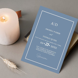 Invitación Moderno Boda de monograma azul turbio Minimalista