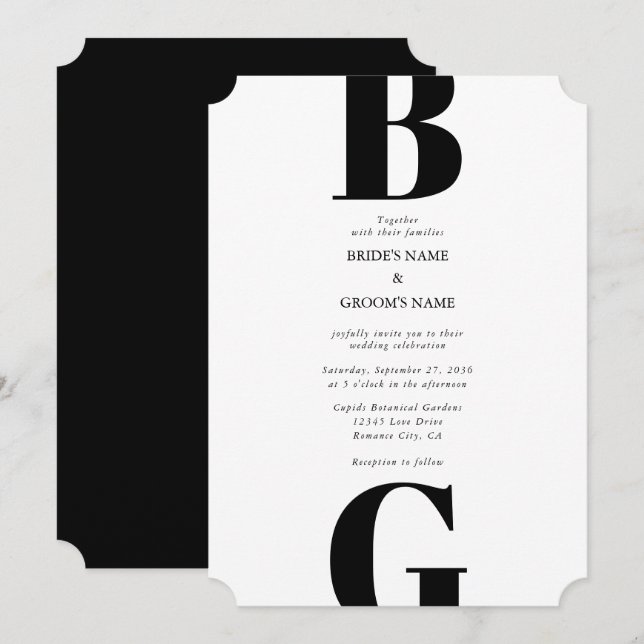 Invitación Moderno Boda de Monograma Blanco y Negro Minimalis (Anverso / Reverso)