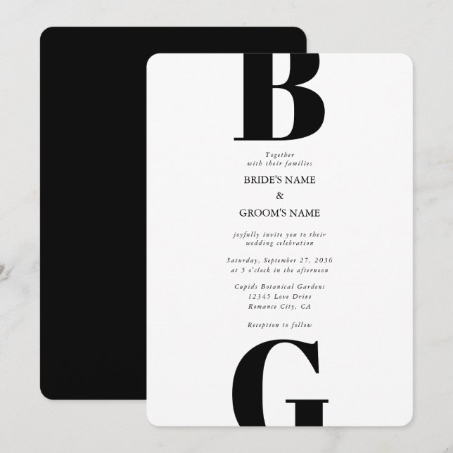 Invitación Moderno Boda de Monograma Blanco y Negro Minimalis (Anverso / Reverso)
