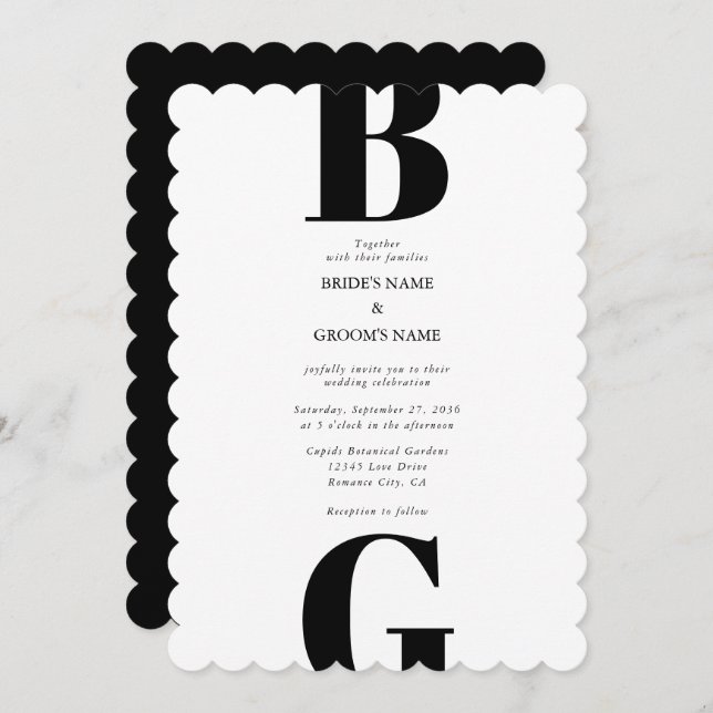 Invitación Moderno Boda de Monograma Blanco y Negro Minimalis (Anverso / Reverso)