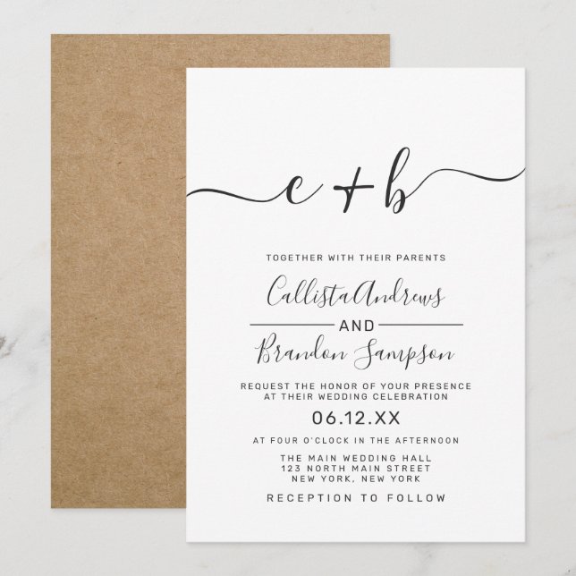 Invitación Moderno Boda de Monograma Blanco y Negro Simple (Anverso / Reverso)