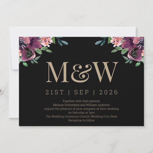 Invitación Moderno Boda de Monograma Borgoña Floral Gold (Anverso)