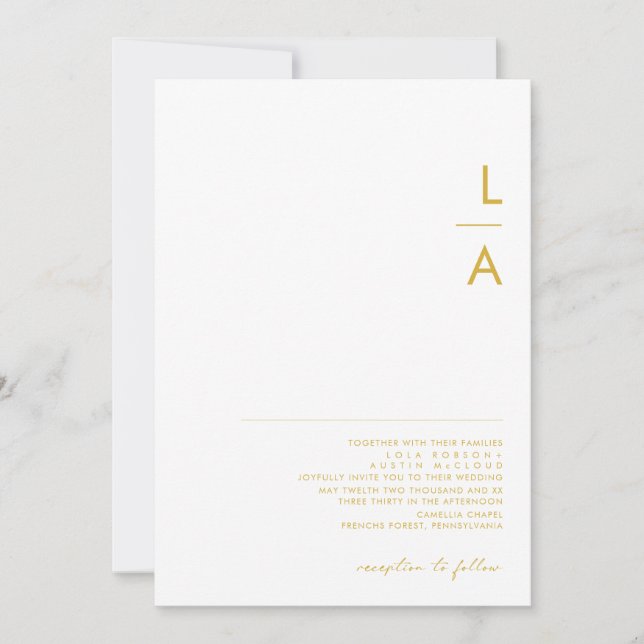 Invitación Moderno Boda de monograma de fuente de oro Minimal (Anverso)
