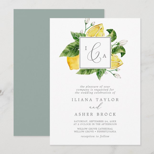 Invitación Moderno Boda de monograma formal del Jardín de Lim (Anverso / Reverso)