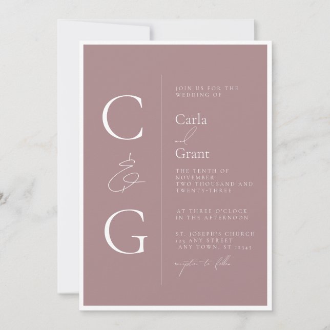 Invitación Moderno Boda de Monograma Grande Rosa Mauve Simple (Anverso)