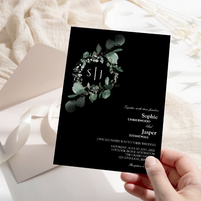 Invitación Moderno Boda de monograma negro de verde (Subido por el creador)