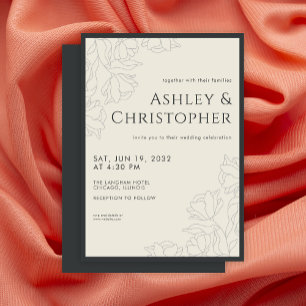 Invitación Moderno Boda de Onyx Negra Floral Dibujado