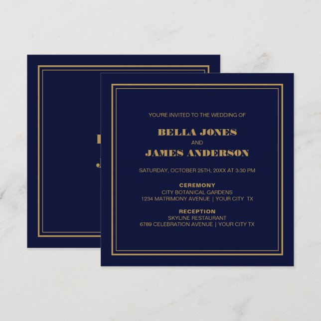 Invitación Moderno Boda de oro azul de la marina (Anverso / Reverso)