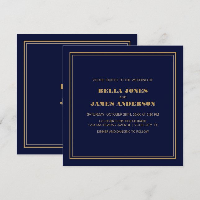 Invitación Moderno Boda de oro azul de la marina (Anverso / Reverso)