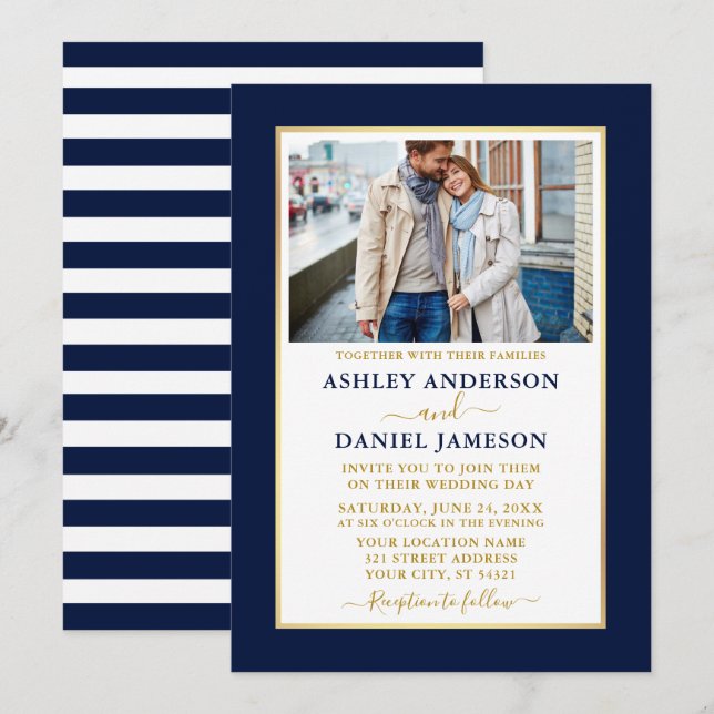 Invitación Moderno Boda de oro elegante con rayas azules (Anverso / Reverso)