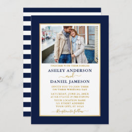 Invitación Moderno Boda de oro elegante con rayas azules