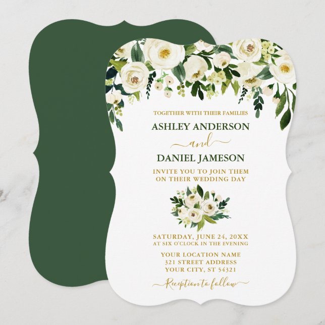 Invitación Moderno Boda de oro elegante verde floral blanco (Anverso / Reverso)