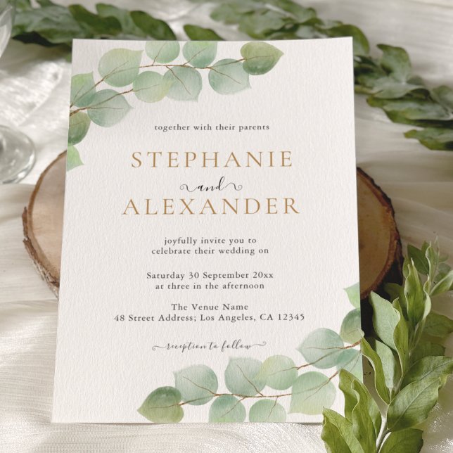 Invitación Moderno Boda de Oro Eucalyptus Greenery Botánico (Subido por el creador)