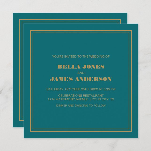 Invitación Moderno Boda de oro Verde azulado simple (Anverso / Reverso)