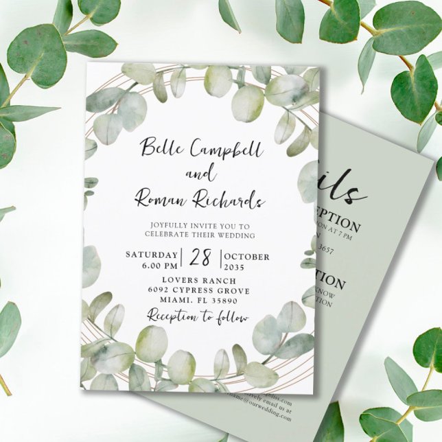 Invitación Moderno Boda de oro verde todo en uno Eucalyptus (Subido por el creador)