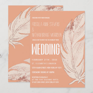 Invitación Moderno Boda de plumas de piel de coral suave y su