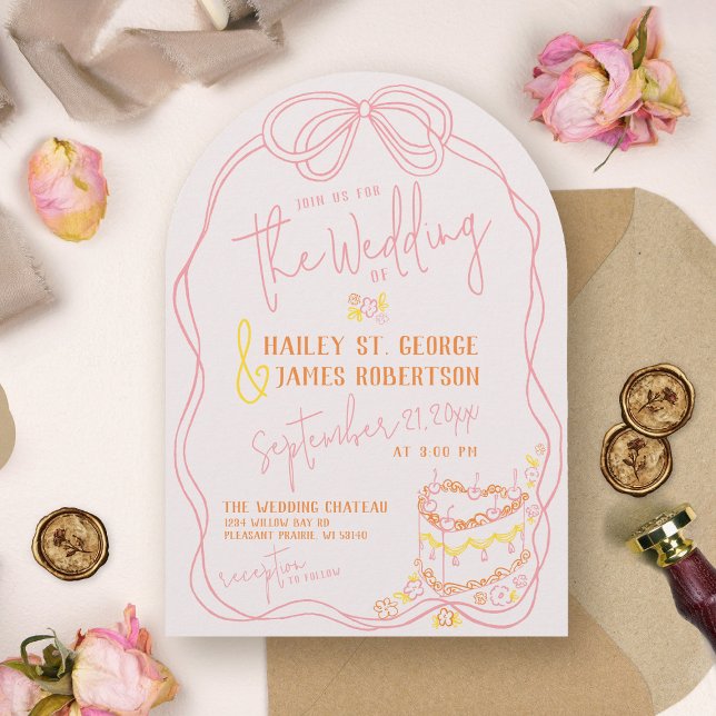 Invitación Moderno boda de puesta de sol rosa con arco dibuja (Modern quirky whimsical hand drawn arch pink bow orange sunset colorful unique wedding invitation)