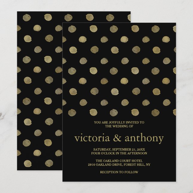 Invitación Moderno Boda de puntos de polka negro y oro (Anverso / Reverso)