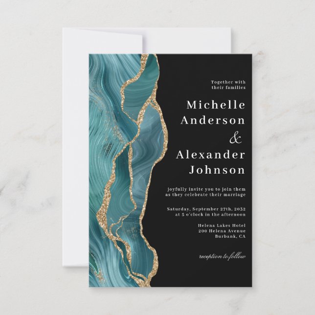 Invitación Moderno Boda de Purpurina de oro de Agate Verde az (Anverso)