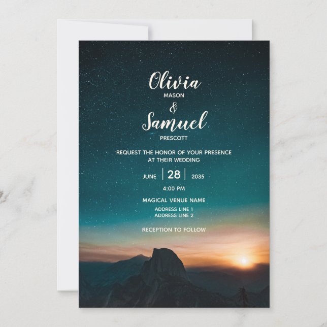 Invitación Moderno Boda de Sunrise Night Sky Mountain Galaxy (Anverso)