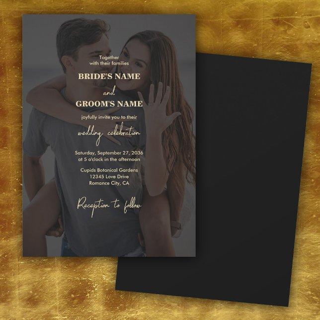 Invitación Moderno Boda de superposición de foto de oro negro (Modern Black Gold Photo Overlay Wedding)