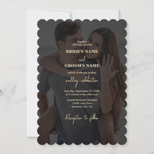 Invitación Moderno Boda de superposición de foto de oro negro (Anverso)