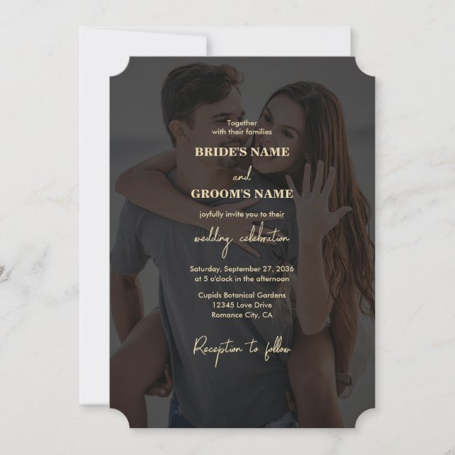 Invitación Moderno Boda de superposición de foto de oro negro (Anverso)