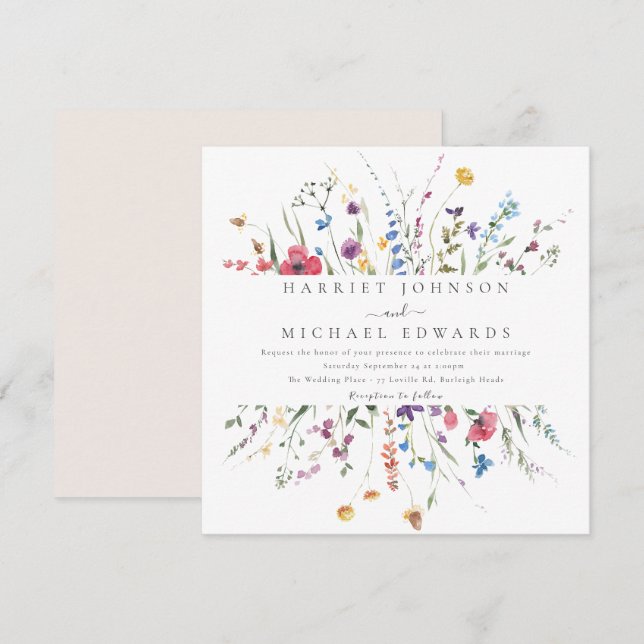Invitación Moderno Boda de trama de flores silvestres (Anverso / Reverso)