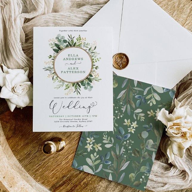 Invitación Moderno Boda de Verdor Botánico de Oro Verde (Subido por el creador)