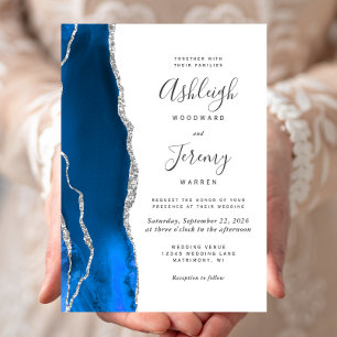Invitación Moderno Boda del Agate Royal Blue Silver