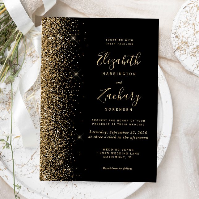 Invitación Moderno Boda del borde del Purpurina Black Gold Fa (Subido por el creador)