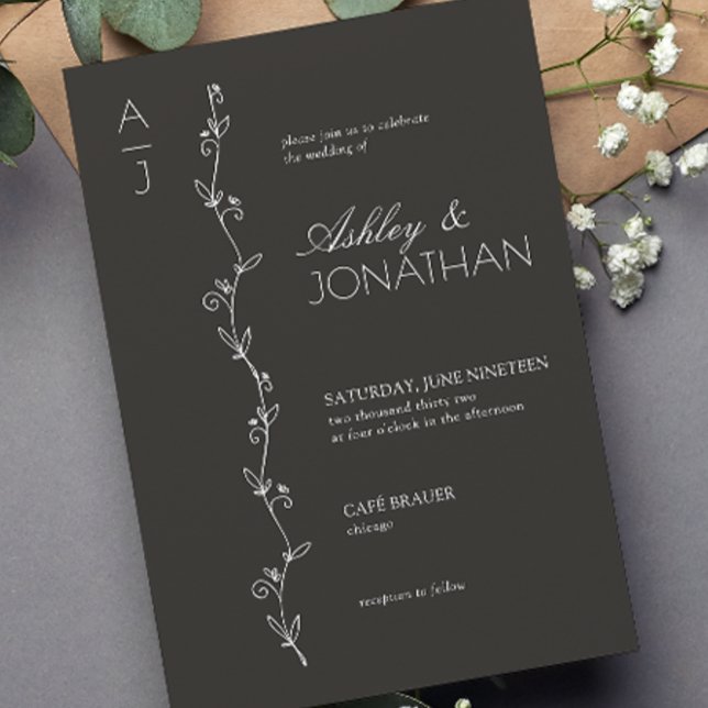 Invitación Moderno Boda del divisor botánico negro (Subido por el creador)