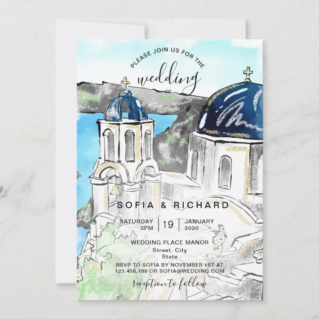 Invitación Moderno Boda Destino Isla Griega Esquatos (Anverso)