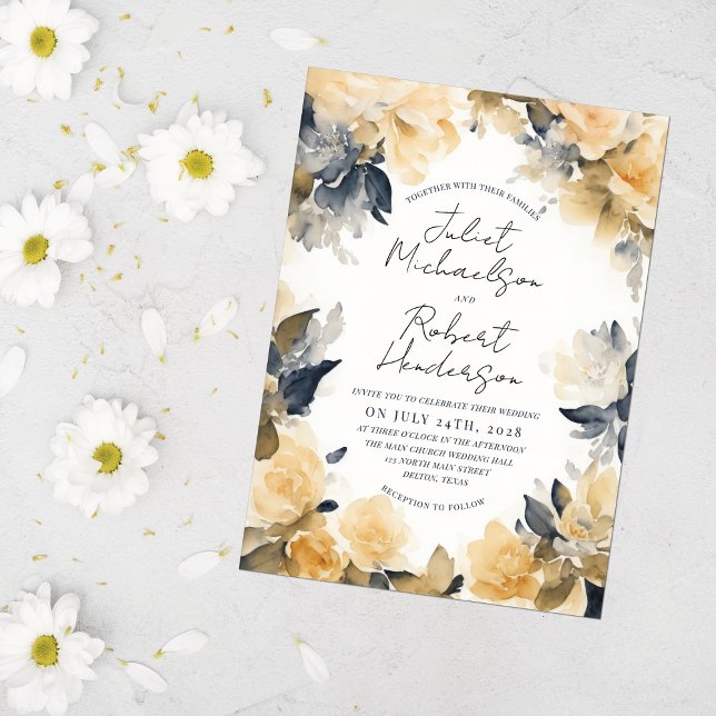 Invitación Moderno Boda elegante amarillo negro floral (Subido por el creador)