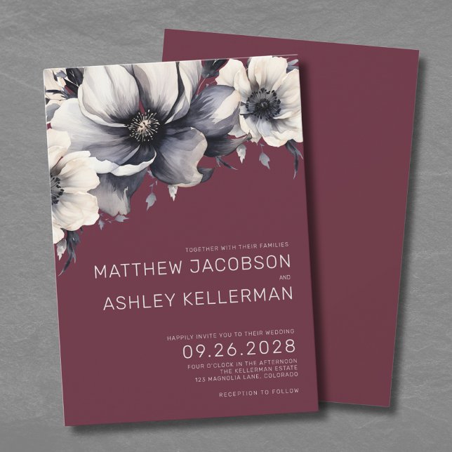 Invitación Moderno Boda elegante borgoñés rojo floral (Modern Elegant Burgundy Red Floral Wedding Invitation)