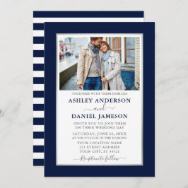 Invitación Moderno Boda elegante con rayas azules a rayas