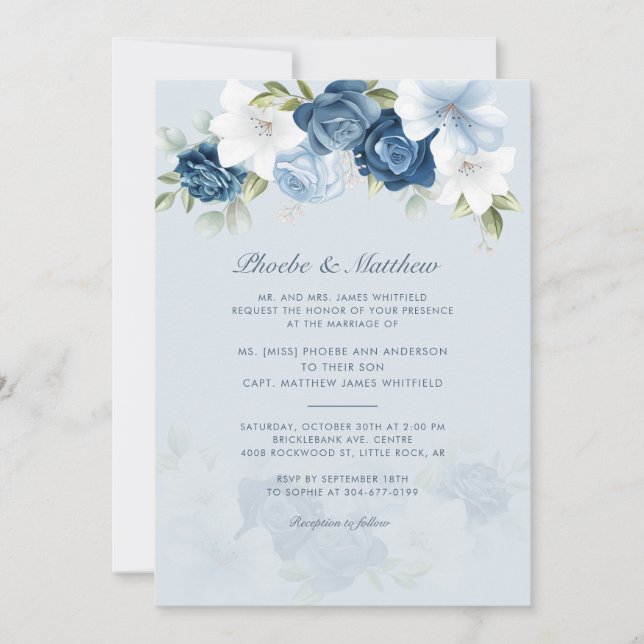 Invitación Moderno Boda elegante de flores azules y turbias (Anverso)