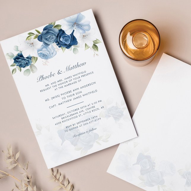 Invitación Moderno Boda elegante de flores azules y turbias (Subido por el creador)