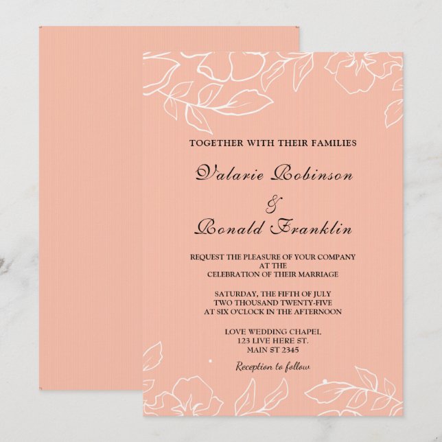 Invitación Moderno Boda elegante de flores corales blancas (Anverso / Reverso)