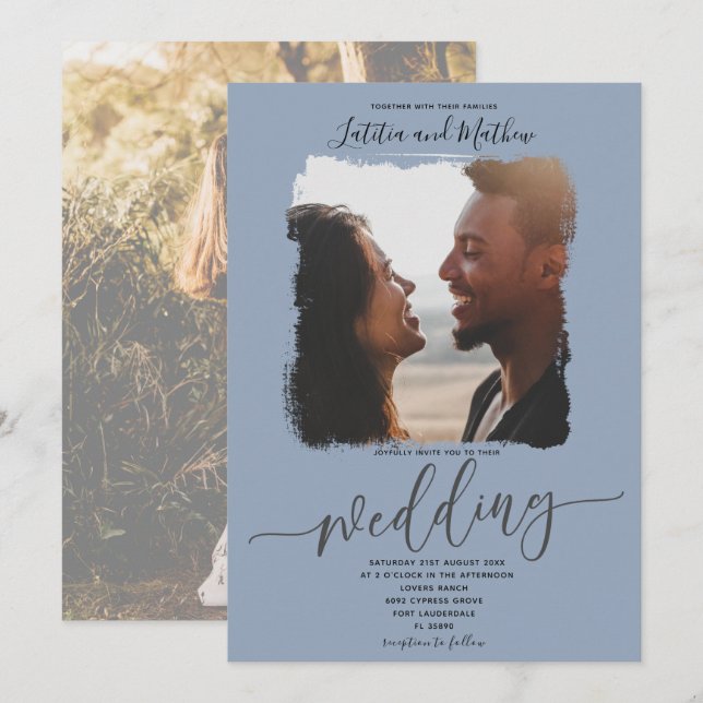 Invitación Moderno boda elegante de fotos azul turbio (Anverso / Reverso)