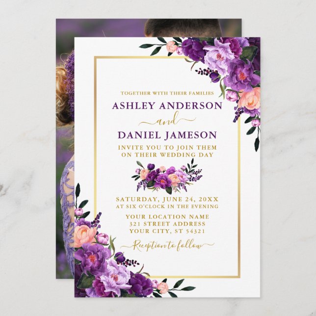 Invitación Moderno Boda elegante de fotos con flores moradas (Anverso / Reverso)
