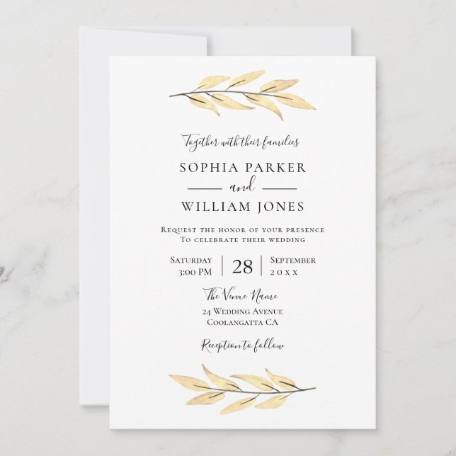 Invitación Moderno Boda elegante de la hoja de oro (Anverso)
