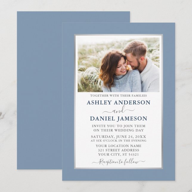 Invitación Moderno Boda elegante de plata azul turquesa (Anverso / Reverso)