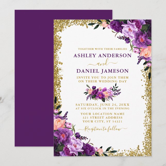 Invitación Moderno Boda elegante de Purpurina de oro morado (Anverso / Reverso)