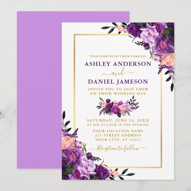 Invitación Moderno Boda elegante dorado morado floral (Anverso / Reverso)