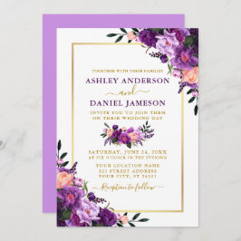 Invitación Moderno Boda elegante dorado morado floral