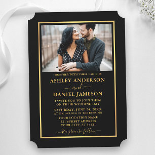 Invitación Moderno Boda elegante estilo boleto negro y oro