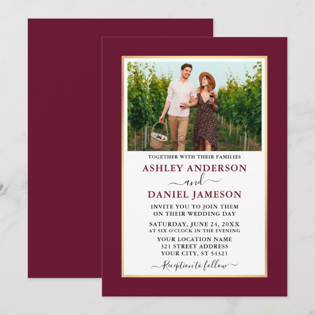 Invitación Moderno Boda elegante Minimalista de Borgoña (Anverso / Reverso)