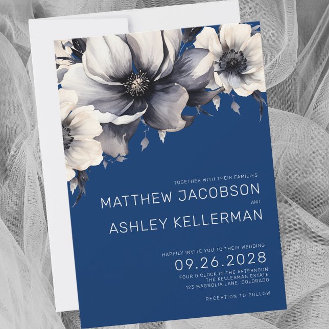 Invitación Moderno Boda floral azul elegante (Simple Modern Elegant Navy Blue Floral Wedding Invitation)